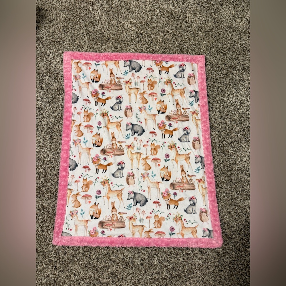 Homemade baby blanket infant girl animal print pink white 26.5x35